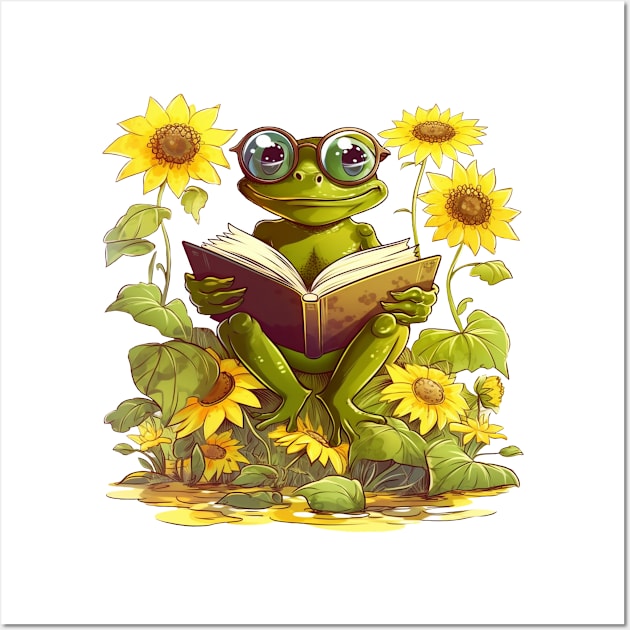 Frog reading surrounded by sunflowers Wall Art by IncpetionWear